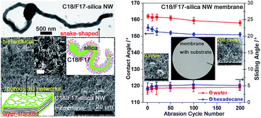 Graphical abstract: Robust wear and pH endurance achieved on snake-shaped silica hybrid nanowire self-woven superamphiphobic membranes with layer-stacked porous 3D networks