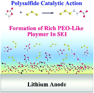 Graphical abstract: Inhibition of lithium dendrite growth by forming rich polyethylene oxide-like species in a solid-electrolyte interphase in a polysulfide/carbonate electrolyte