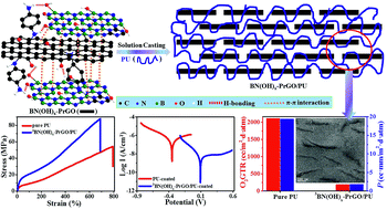 Graphical abstract: Novel hydroxylated boron nitride functionalized p-phenylenediamine-grafted graphene: an excellent filler for enhancing the barrier properties of polyurethane