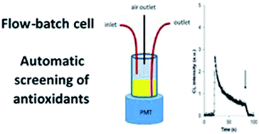 Graphical abstract: Automatic screening of antioxidants based on the evaluation of kinetics of suppression of chemiluminescence in a luminol–hydrogen peroxide system using a sequential injection analysis setup with a flow-batch detection cell