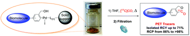 Graphical abstract: Bioconjugated arylpalladium complexes on solid supports for a convenient last-step synthesis of 11C-labelled tracers for positron emission tomography