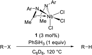 Graphical abstract: Hydrodehalogenation of alkyl halides catalyzed by a trichloroniobium complex with a redox active α-diimine ligand