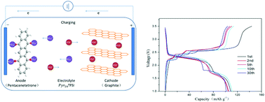 Graphical abstract: Reversible interaction of 1-butyl-1-methylpyrrolidinium cations with 5,7,12,14-pentacenetetrone from a pure ionic liquid electrolyte for dual-ion batteries