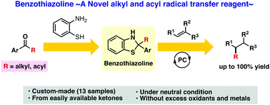 Graphical abstract: Benzothiazolines as radical transfer reagents: hydroalkylation and hydroacylation of alkenes by radical generation under photoirradiation conditions
