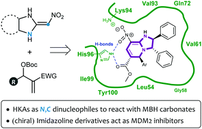 Graphical abstract: Organocatalytic diastereoselective [3+2] cyclization of MBH carbonates with dinucleophiles: synthesis of bicyclic imidazoline derivatives that inhibit MDM2–p53 interaction