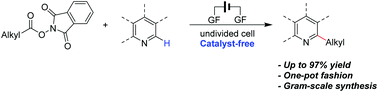 Graphical abstract: Catalyst-free electrochemical decarboxylative cross-coupling of N-hydroxyphthalimide esters and N-heteroarenes towards C(sp3)–C(sp2) bond formation