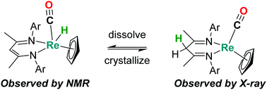 Graphical abstract: Electron acceptors promote proton–hydride tautomerism in low valent rhenium β-diketiminates