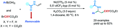 Graphical abstract: Nickel-catalyzed carbodifunctionalization of N-vinylamides enables access to γ-amino acids