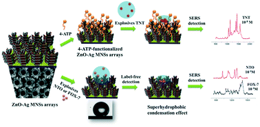 Graphical abstract: Controllable fabrication of Ag-NP-decorated porous ZnO nanosheet arrays with superhydrophobic properties for high performance SERS detection of explosives