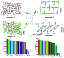 Graphical abstract: Structural diversity, magnetic properties, and luminescence sensing based Ni(ii)/Zn(ii) coordination polymers of the semirigid 3,3′-((5-carboxy-1,3-phenylene)bis(oxy))dibenzate ligand