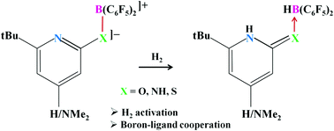 Graphical abstract: A theoretical investigation on boron–ligand cooperation to activate molecular hydrogen by a frustrated Lewis pair and subsequent reduction of carbon dioxide