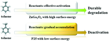 Graphical abstract: High-surface energy enables efficient and stable photocatalytic toluene degradation via the suppression of intermediate byproducts