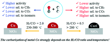 Graphical abstract: Assessing the formation of cobalt carbide and its catalytic performance under realistic reaction conditions and tuning product selectivity in a cobalt-based FTS reaction