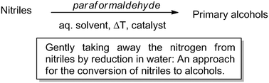 Graphical abstract: The reductive deaminative conversion of nitriles to alcohols using para-formaldehyde in aqueous solution