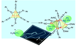 Graphical abstract: Bimolecular fusion of [Pd3(μ-CN-C6H3Me2-2,6)3(CN-C6H3Me2-2,6)3] induced by Ph2GeH2: formation of the redox-active Pd6Ge2 complex