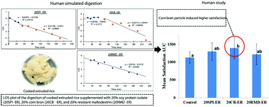 Graphical abstract: Starch digestion kinetics of extruded reformed rice is changed in different ways with added protein or fiber