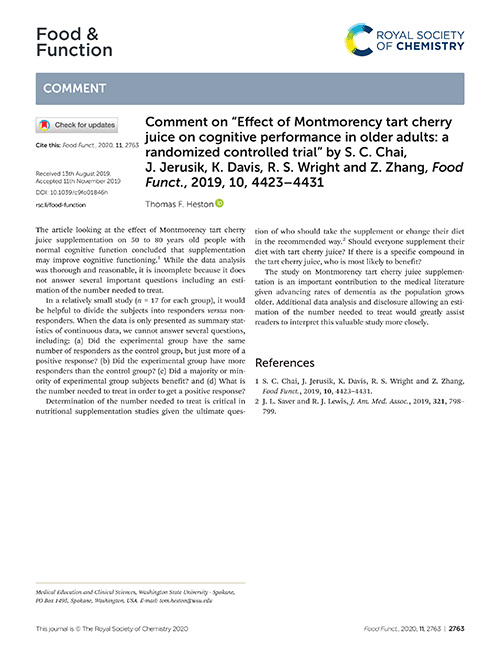 Comment on “Effect of Montmorency tart cherry juice on cognitive performance in older adults: a randomized controlled trial” by S. C. Chai, J. Jerusik, K. Davis, R. S. Wright and Z. Zhang, Food Funct., 2019, 10, 4423–4431