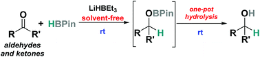 Graphical abstract: Lithium triethylborohydride as catalyst for solvent-free hydroboration of aldehydes and ketones