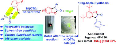 Graphical abstract: Recyclable nickel-catalyzed C–H/O–H dual functionalization of phenols with mandelic acids for the synthesis of 3-aryl benzofuran-2(3H)-ones under solvent-free conditions