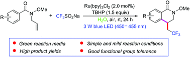 Graphical abstract: Visible-light-induced radical cyclization of N-allylbenzamides with CF3SO2Na to trifluoromethylated dihydroisoquinolinones in water at room temperature
