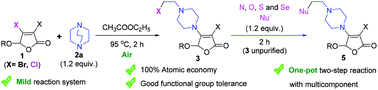 Graphical abstract: A 3,4-dihalo-2(5H)-furanone initiated ring-opening reaction of DABCO in the absence of a metal catalyst and additive and its application in a one-pot two-step reaction