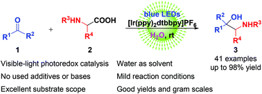 Graphical abstract: Synthesis of 1,2-amino alcohols by decarboxylative coupling of amino acid derived α-amino radicals to carbonyl compounds via visible-light photocatalyst in water