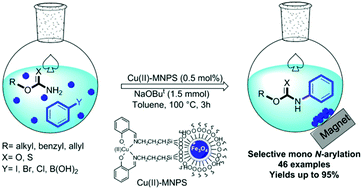 Graphical abstract: An Fe3O4@SiO2/Schiff base/Cu(ii) complex as an efficient recyclable magnetic nanocatalyst for selective mono N-arylation of primary O-alkyl thiocarbamates and primary O-alkyl carbamates with aryl halides and arylboronic acids