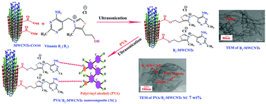 Graphical abstract: Using sonochemistry for the production of poly(vinyl alcohol)/MWCNT–vitamin B1 nanocomposites: exploration of morphology, thermal and mechanical properties