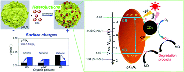 Graphical abstract: Tuning the visible-light photocatalytic degradation activity of thin nanosheets constructed porous g-C3N4 microspheres by decorating ionic liquid modified carbon dots: roles of heterojunctions and surface charges