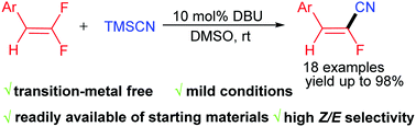 Graphical abstract: Stereoselective synthesis of α-fluoroacrylonitriles via organocatalytic cyanation of gem-difluoroalkenes and TMSCN