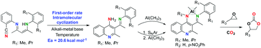 Graphical abstract: Unexpected intramolecular N-arylcyano-β-diketiminate cyclization in new aminoquinoline derivative complexes of aluminium for CO2 fixation into cyclic carbonates