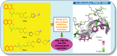 Graphical abstract: Design, synthesis, in silico docking studies and biological evaluation of novel quinoxaline-hydrazide hydrazone-1,2,3-triazole hybrids as α-glucosidase inhibitors and antioxidants