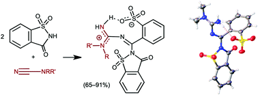 Graphical abstract: Saccharin guanidination via facile three-component “two saccharins-one dialkylcyanamide” integration