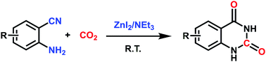 Graphical abstract: Efficient transformation of CO2 into quinazoline-2,4(1H,3H)-diones at room temperature catalyzed by a ZnI2/NEt3 system