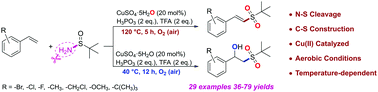 Graphical abstract: Temperature-dependent synthesis of vinyl sulfones and β-hydroxy sulfones from t-butylsulfinamide and alkenes under aerobic conditions