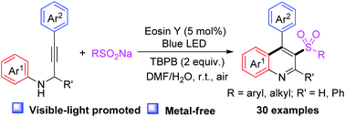 Graphical abstract: Synthesis of 3-sulfonylquinolines by visible-light promoted metal-free cascade cycloaddition involving N-propargylanilines and sodium sulfinates