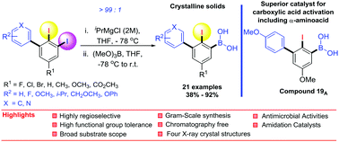 Graphical abstract: Regioselective synthesis of ortho-iodobiphenylboronic acid derivatives: a superior catalyst for carboxylic acid activation