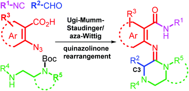 Graphical abstract: Telescoped synthesis of C3-functionalized (E)-arylamidines using Ugi–Mumm and regiospecific quinazolinone rearrangements