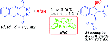 Graphical abstract: N-Heterocyclic carbene-catalyzed diastereoselective synthesis of sulfenylated indanes via sulfa-Michael–Michael (aldol) cascade reactions