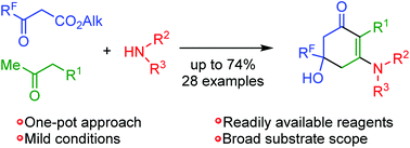 Graphical abstract: Autocatalyzed three-component cyclization of polyfluoroalkyl-3-oxo esters, methyl ketones and alkyl amines: a novel approach to 3-alkylamino-5-hydroxy-5-polyfluoroalkylcyclohex-2-en-1-ones