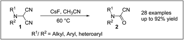 Graphical abstract: The synthesis of cyanoformamides via a CsF-promoted decyanation/oxidation cascade of 2-dialkylamino-malononitriles