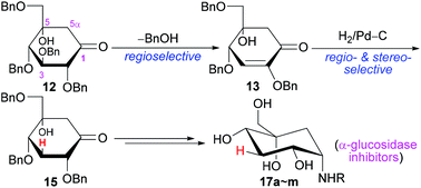 Graphical abstract: Selective synthesis of 3-deoxy-5-hydroxy-1-amino-carbasugars as potential α-glucosidase inhibitors