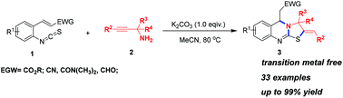 Graphical abstract: Synthesis of thiazolo[2,3-b]quinazoline derivatives via base-promoted cascade bicyclization of o-alkenylphenyl isothiocyanates with propargylamines