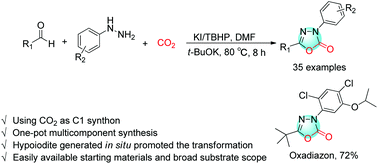 Graphical abstract: One-pot synthesis of 1,3,4-oxadiazol-2(3H)-ones with CO2 as a C1 synthon promoted by hypoiodite