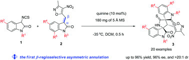 Graphical abstract: Regio- and stereoselective [3 + 2] cycloaddition reaction: access to isoxazole-dispirobisoxindoles featuring three contiguous stereocenters