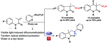 Graphical abstract: Synthesis of difluoromethylated 2-oxindoles and quinoline-2,4-diones via visible light-induced tandem radical cyclization of N-arylacrylamides