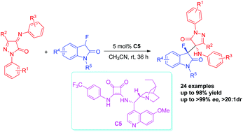 Graphical abstract: Squaramide-catalyzed asymmetric Mannich reactions between 3-fluorooxindoles and pyrazolinone ketimines