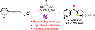 Graphical abstract: (Z)-Tetrahydrothiophene and (Z)-tetrahydrothiopyran synthesis through nucleophilic substitution and intramolecular cycloaddition of alkynyl halides and EtOCS2K