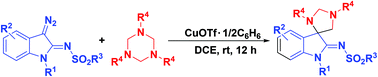 Graphical abstract: Preparation of spiro[imidazolidine-4,3′-indolin]-2′-imines via copper(i)-catalyzed formal [2 + 2 + 1] cycloaddition of 3-diazoindolin-2-imines and triazines