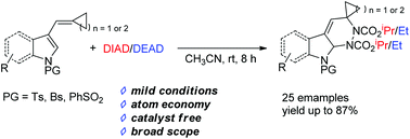 Graphical abstract: A highly efficient method for the construction of cyclopropane-containing dihydroindole derivatives from indolemethylenecyclopropanes with DIAD and DEAD
